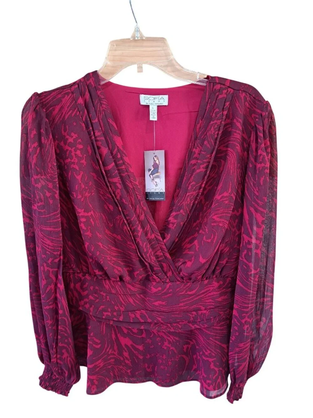 New Sofia Vergara Womens Red V-Neck Wrap Blouse Baloon Long Sheer Sleeves Large - Picture 1 of 11